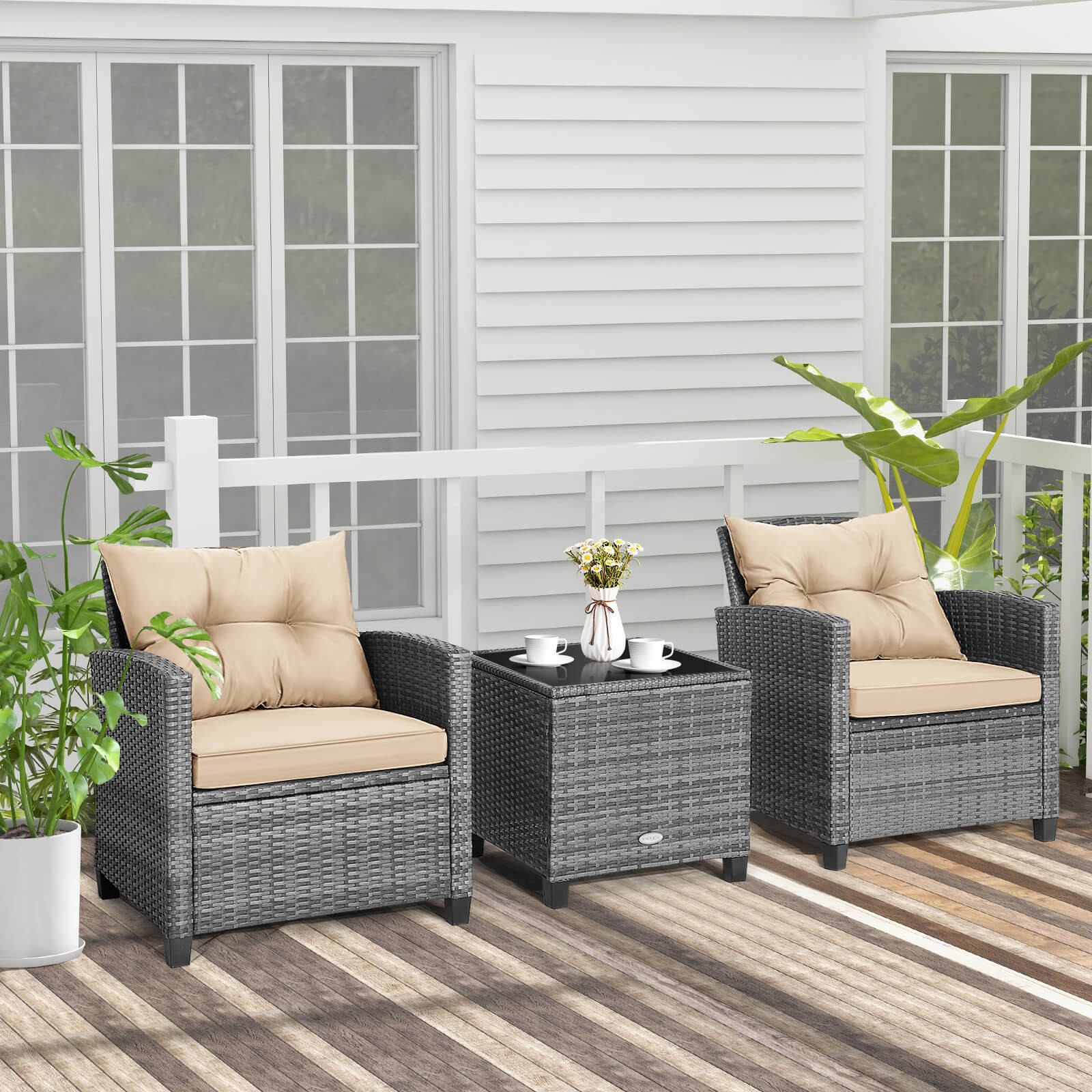 3PCS Patio Rattan Furniture Bistro Set Cushioned Sofas Side Table Armrest