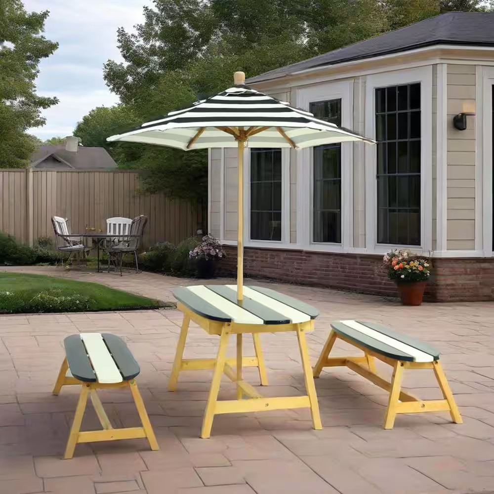 41 In. Blue Rectangle Wood Picnic Table Seats 4 Kids with Umbrella Hole Chair Se