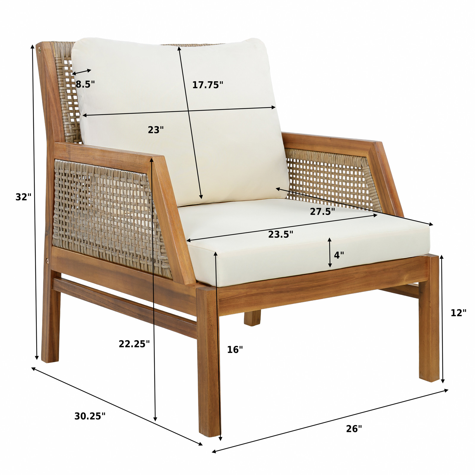 Acacia Wood Patio Club Chair with Wicker & Water-Resistant Cushions