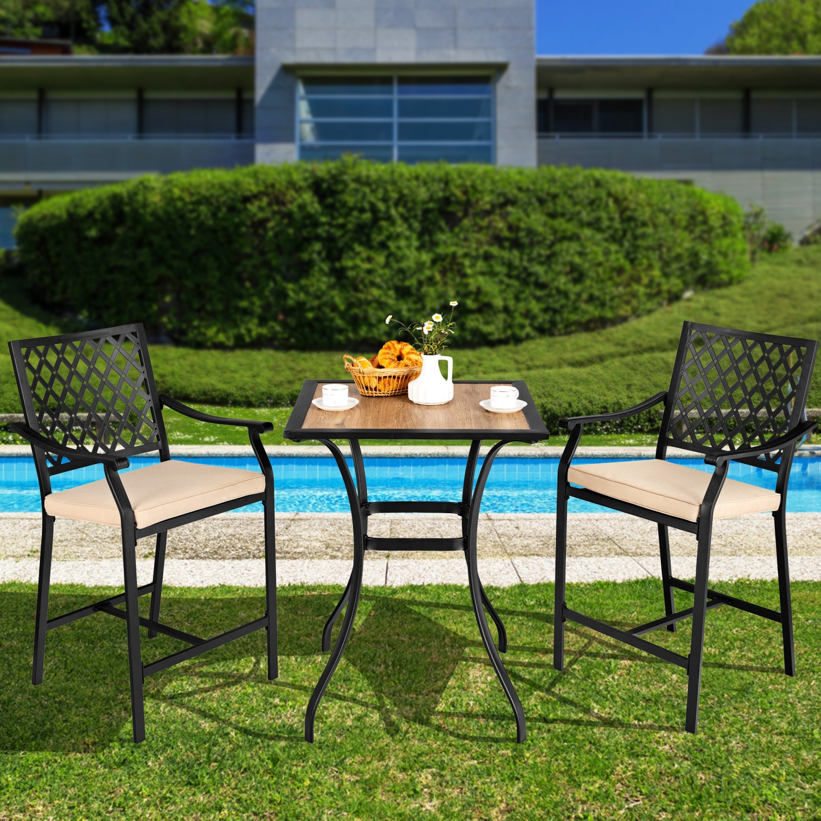 Patiojoy Patio 2PCS Bar Stool Counter Height Cushioned Chair Armrest Garden Deck
