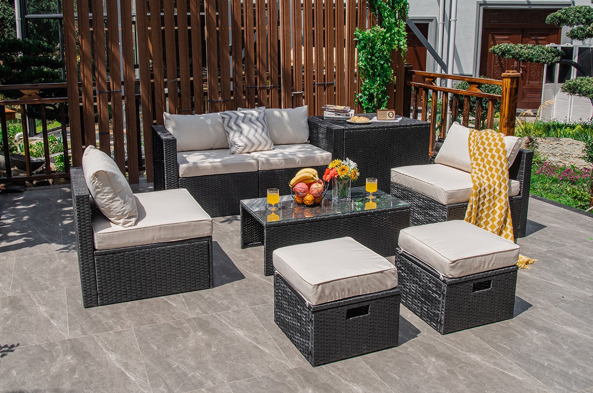 Patiojoy Outdoor 8PCS Rattan Furniture Set Storage Table Ottoman Off White