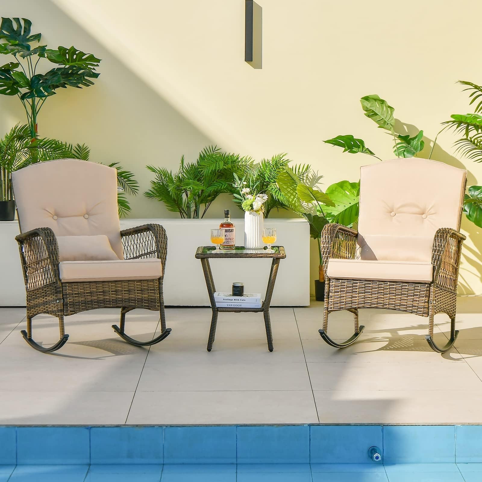 3 Pieces Outdoor Patio Furniture Set,Wicker Conversation Set w/Cushioned Chairs
