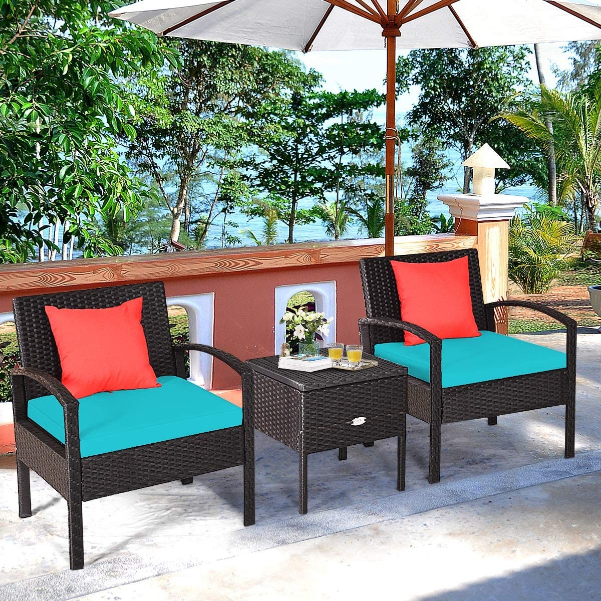 3 Piece Patio Furniture Set Rattan Wicker Sofa Set with Removable Cushions an…