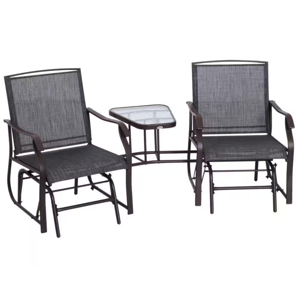 3-Piece Metal Frame Sling Grey Fabric Patio Conversation Set Double Rocker Chair
