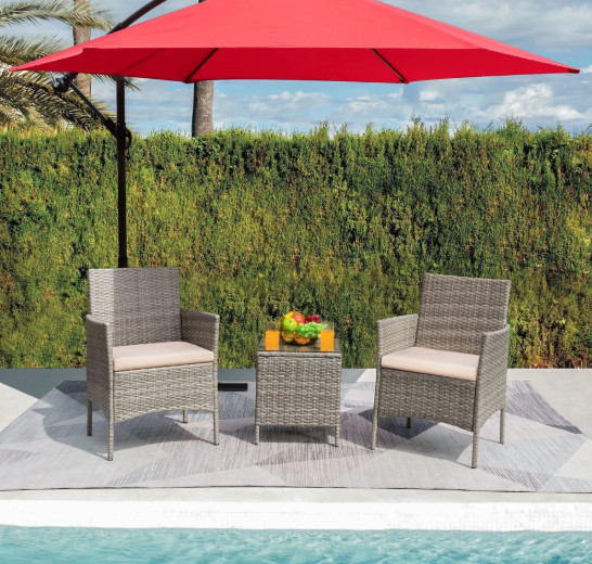Devoko 3pc Outdoor Patio Conversation Set Wicker Bistro Chairs Beige/Gray