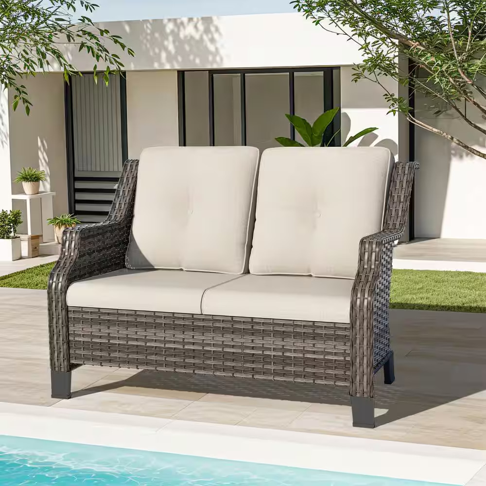 Brown Wicker Outdoor Patio Loveseat 2-Seat Sofa Couch with Beige Cushions
