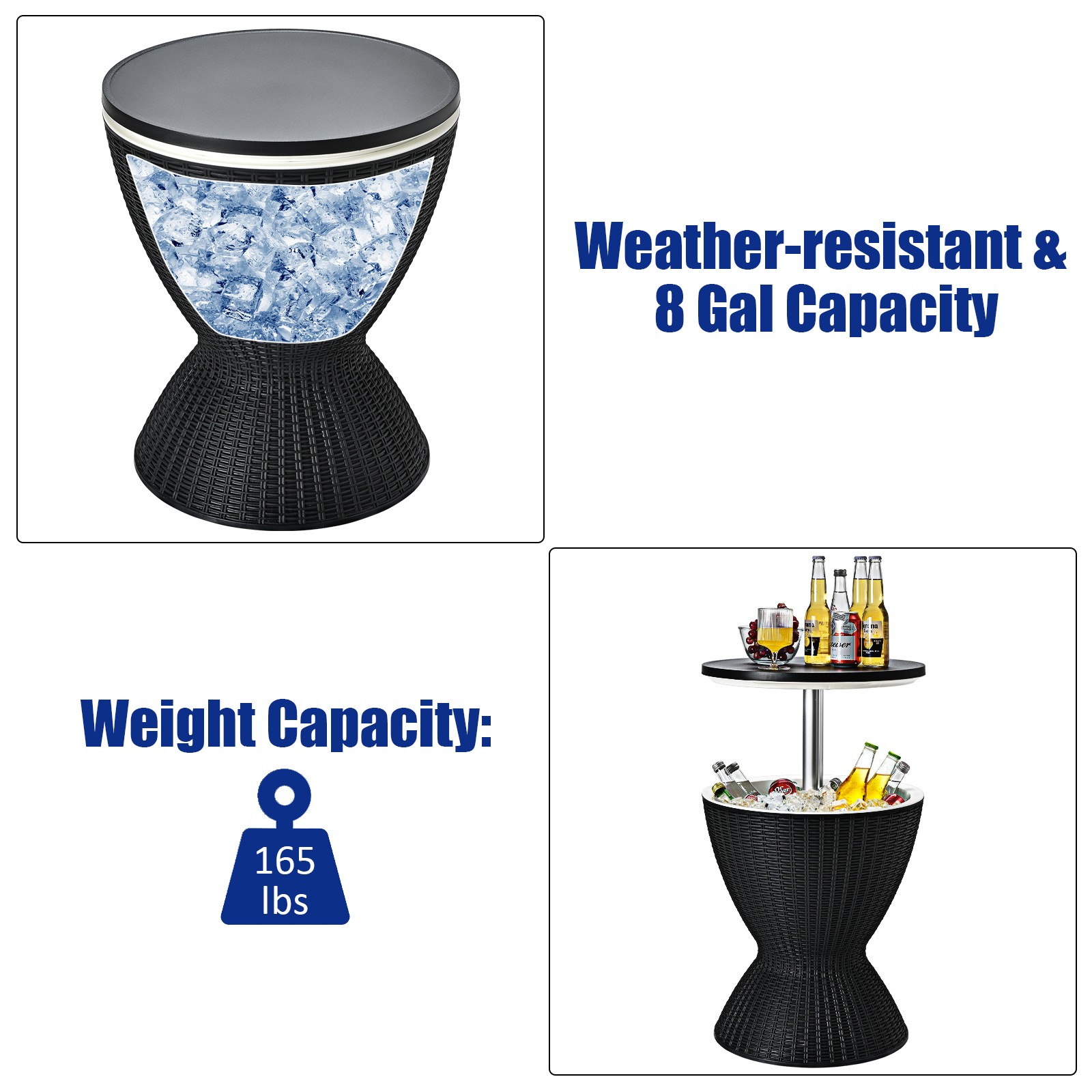 Costway 8 Gallon 3 in 1 Patio Rattan Cooler Bar Table Ice Bucket Adjust Black