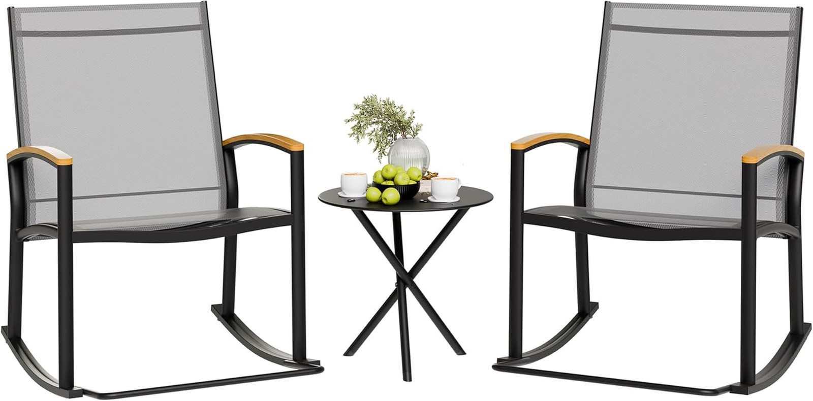 3 Piece Outdoor Rocking Bistro Set, Textilene Fabric Small Patio Furniture Set,