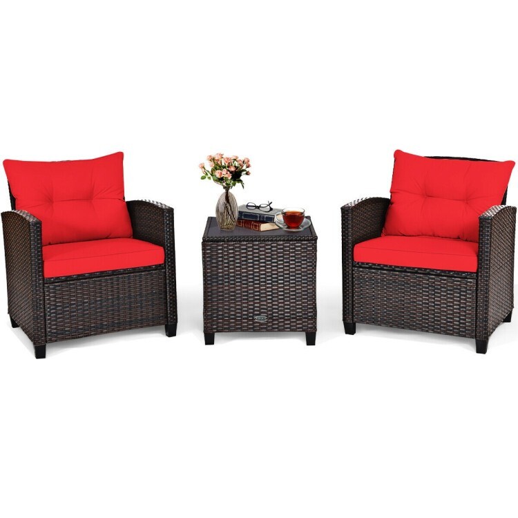 3 Pieces Outdoor Patio Sofa PE Rattan Wicker Furniture Conversation Set Cushion