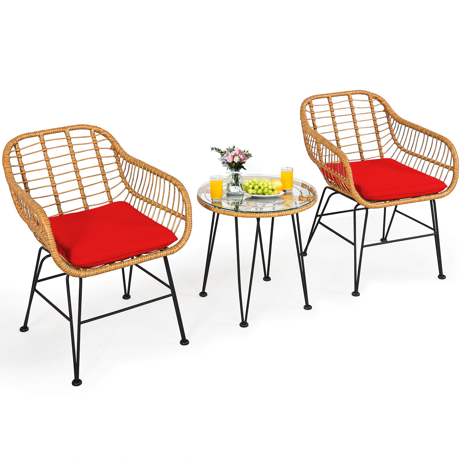 Patiojoy 3PCS Patio Rattan Bistro Furniture Set Cushioned Chair Table Red
