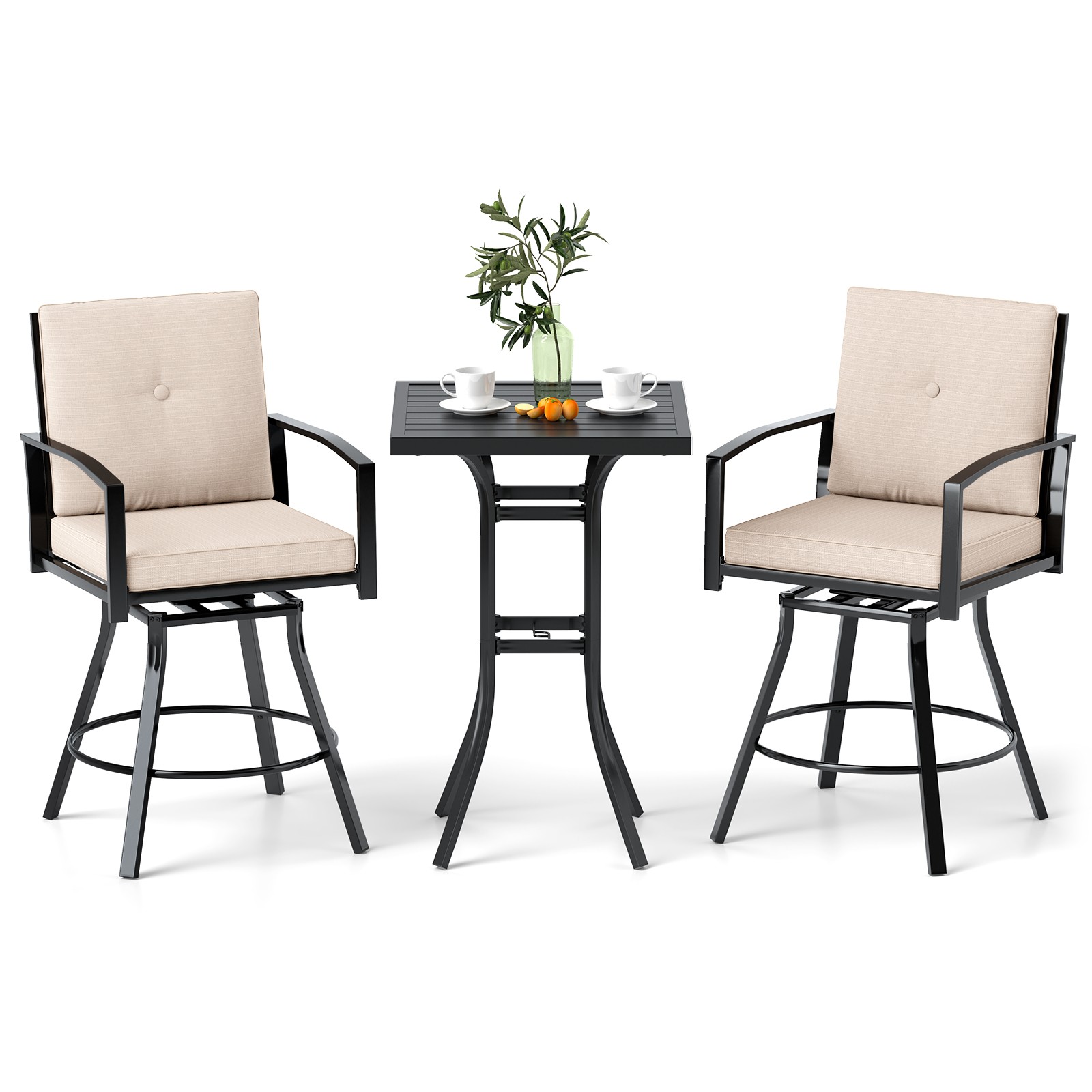 3 Pieces Patio Swivel Bar Set with Soft Cushions & 1.57” Umbrella Hole for Lawn