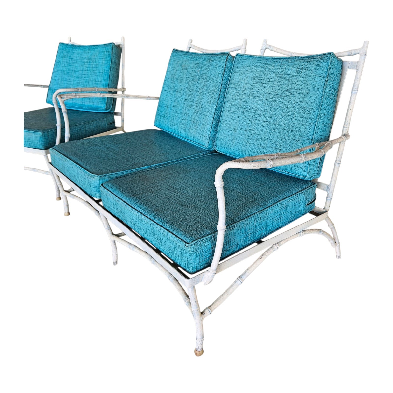 Iron Patio Furniture Set Loveseat & Chair Mid-Century Modern Faux Bamboo Vintage