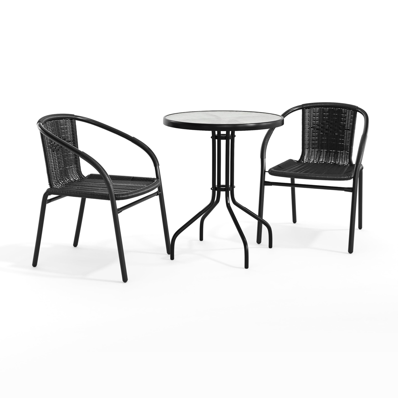 Flash Furniture Lila 23.75 Round Glass Metal Table 2 Black Rattan Stack Chairs