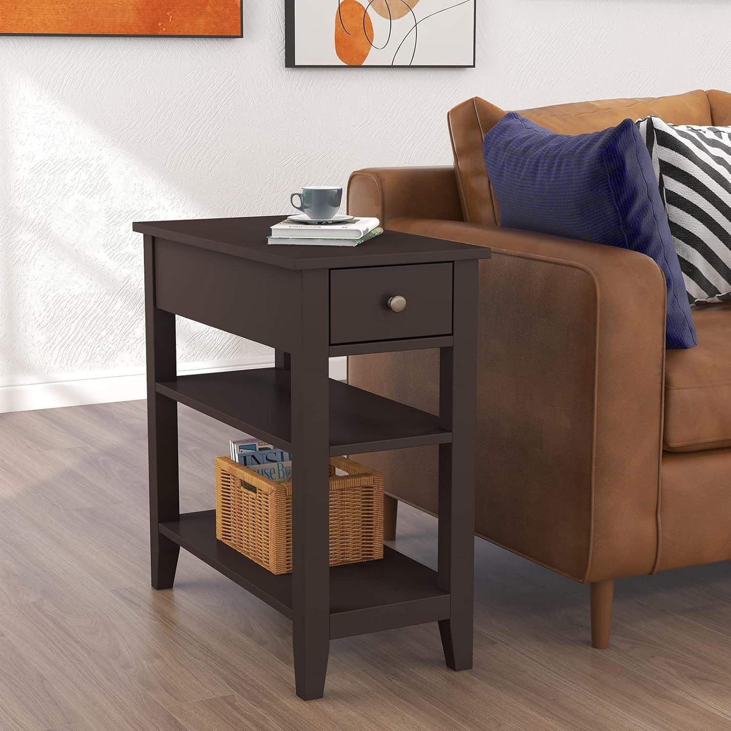 Side Table Living Room, Narrow End Table with Der and Shelf,