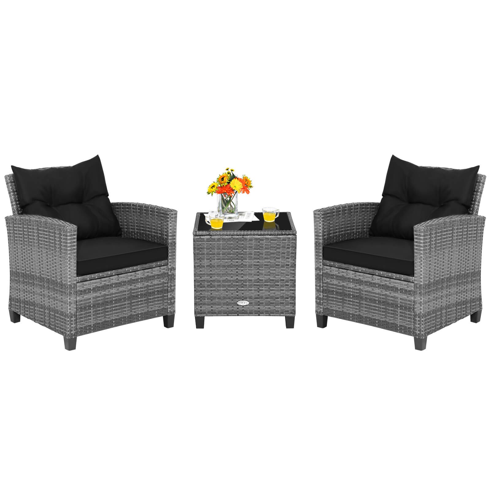 3PCS Patio Rattan Furniture Bistro Set Cushioned Sofas Side Table Armrest