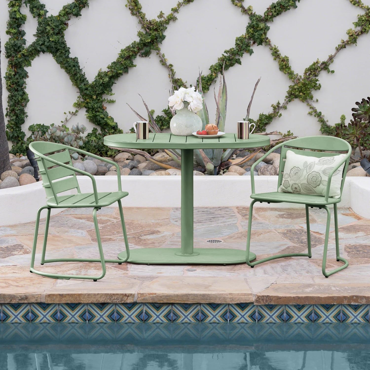 Adley 3-Piece Outdoor Bistro Set, Iron Frame, Dark Green Patio Furniture