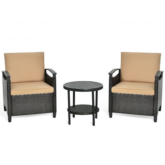 3 Pieces Patio Rattan Furniture Set Cushioned Sofa Storage Table with Shelf Gard