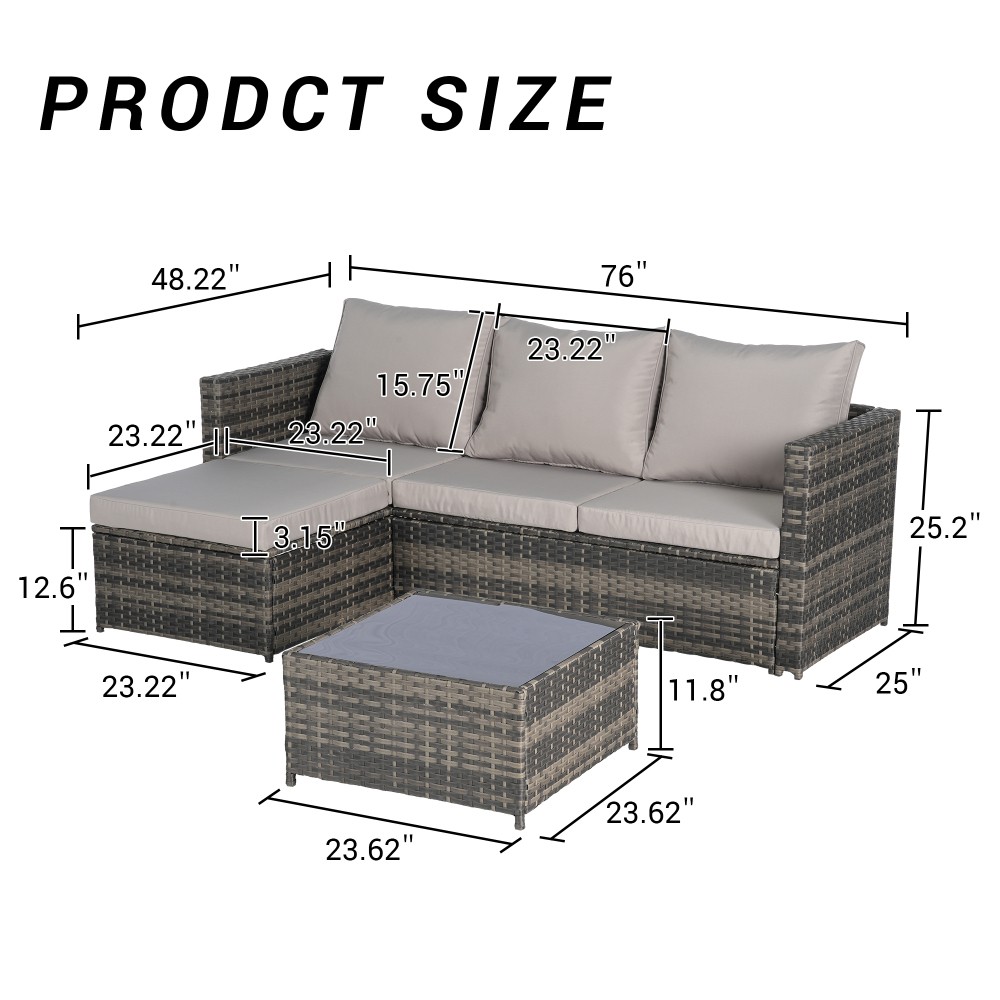 Outdoor Wicker Sectional Sofa Set with Ottoman, Light Gray, Seats 4