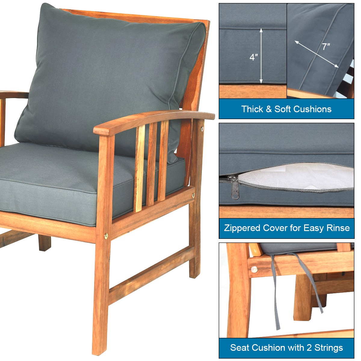 4PCS Wooden Patio Furniture Set Table Sofa Chair Cushioned Garden NEW