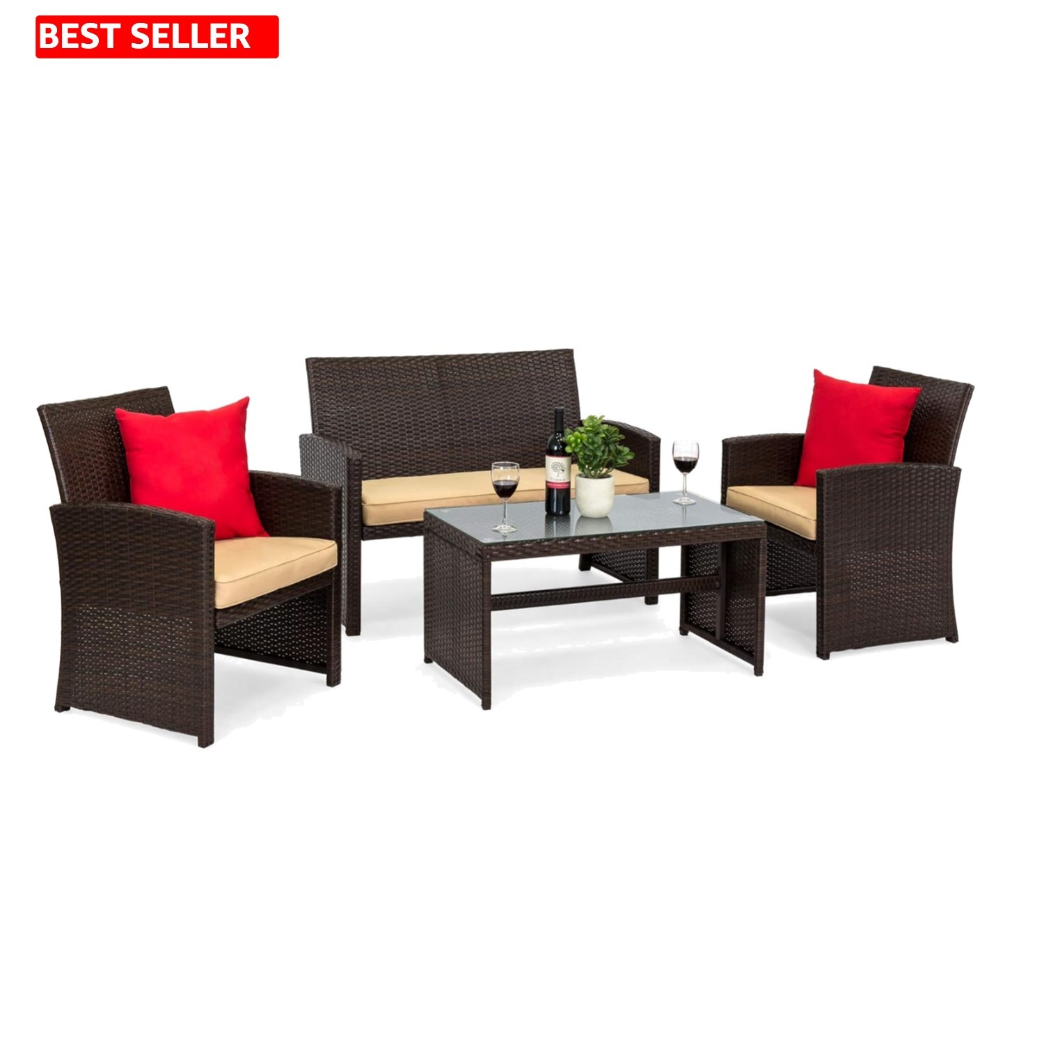Elegant 4-Piece Modular Wicker Patio Set with Glass Coffee Table – Brown/Beige