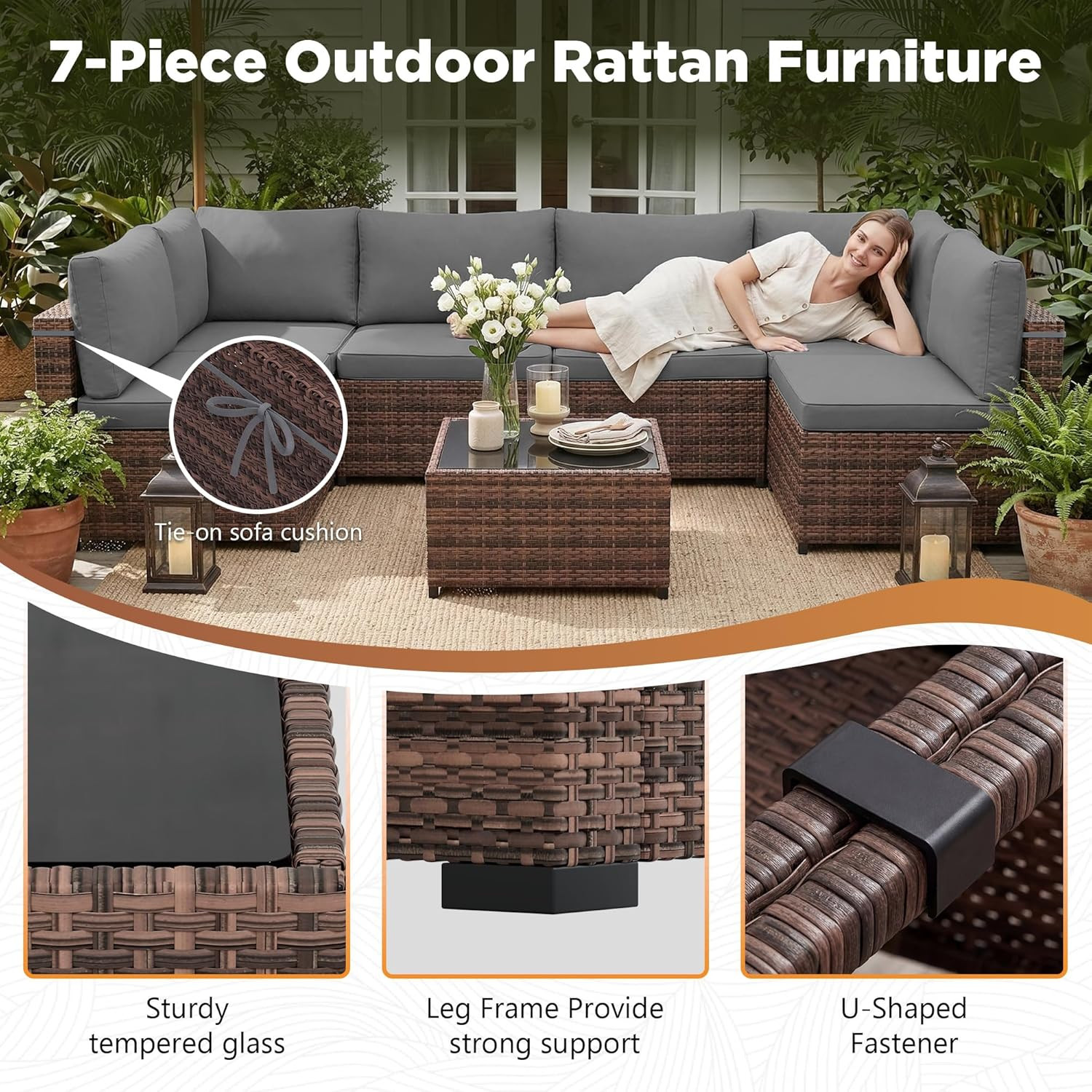 Patio Furniture Set with Rain Cover,7 Pieces Outdoor Wicker Rattan Patio Furnitu