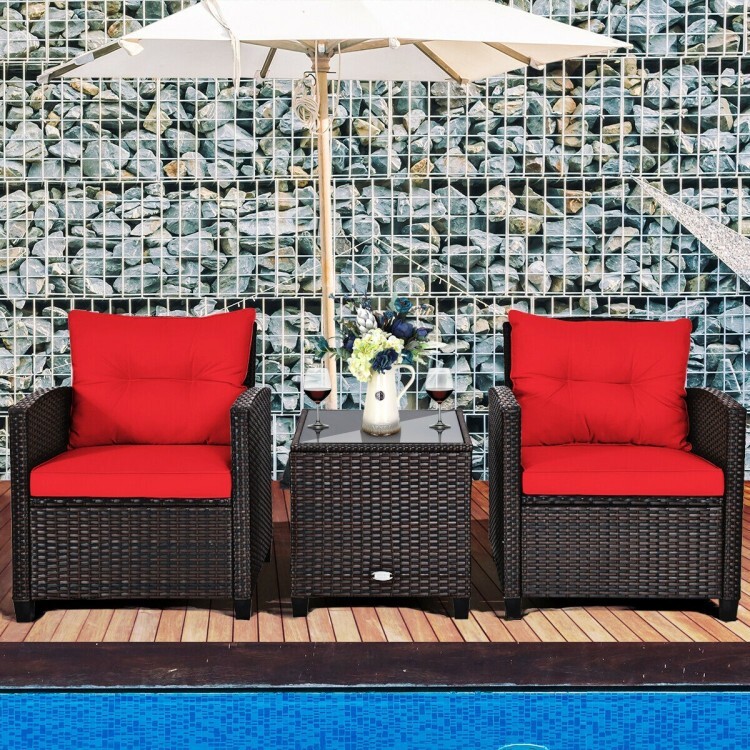 3 Pieces Outdoor Patio Sofa PE Rattan Wicker Furniture Conversation Set Cushion