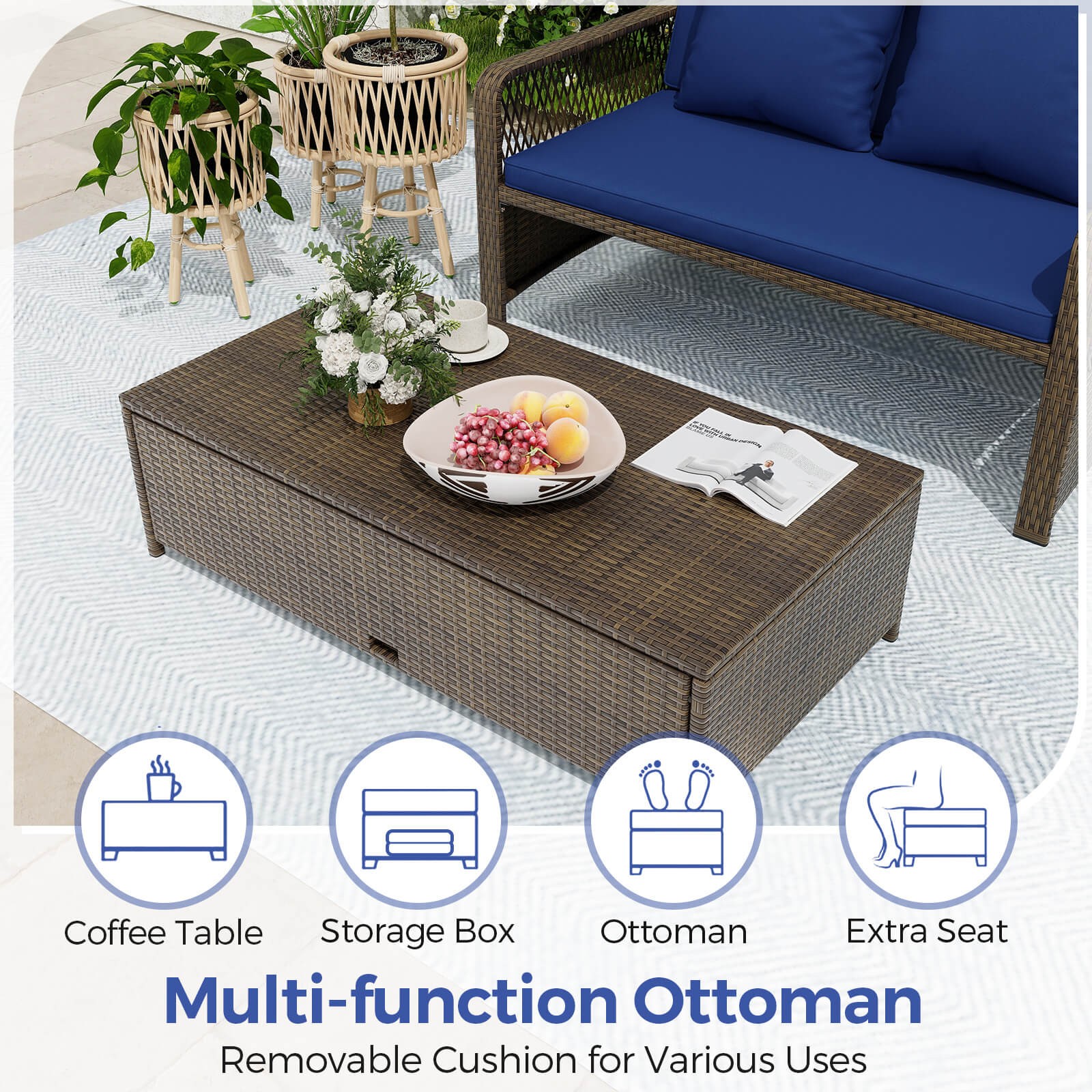 Patio Rattan Daybed Wicker Loveseat Sofa with Multifunctional Ottoman