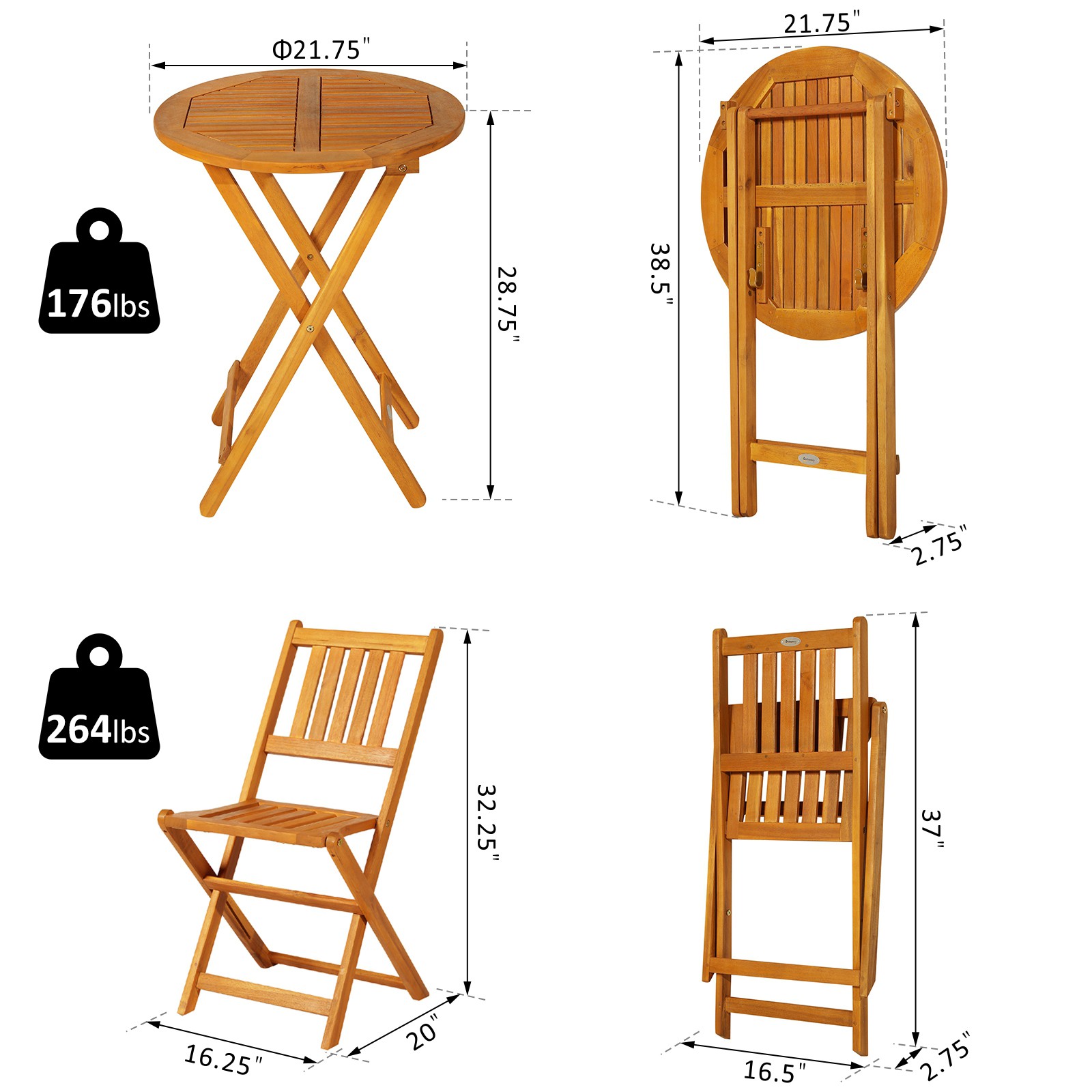 3 Piece Folding Acacia Wood Outdoor Patio Bistro Table and Chair Set