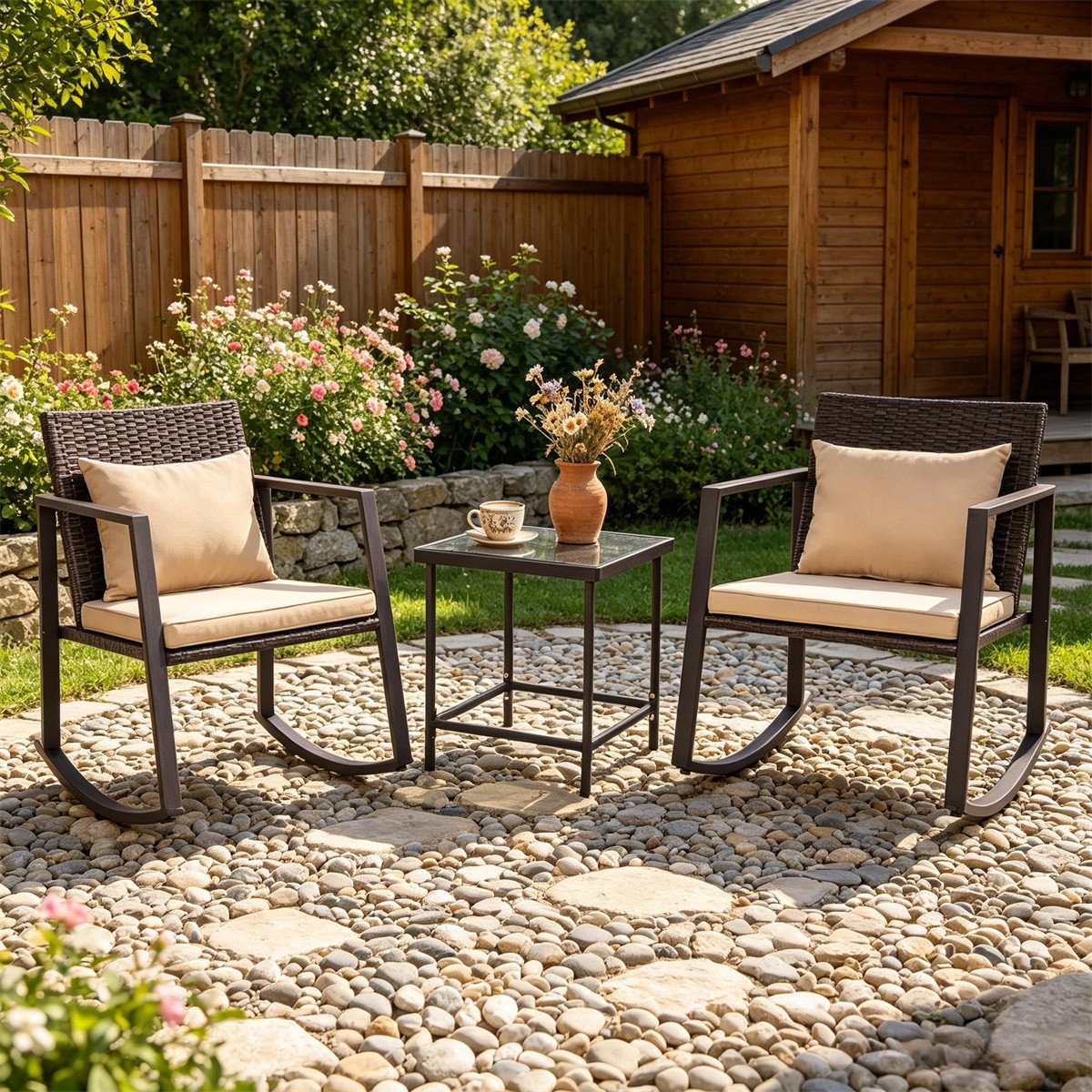 3-Piece Wicker Rocking Chair Set with Tempered Glass Table & Cushions