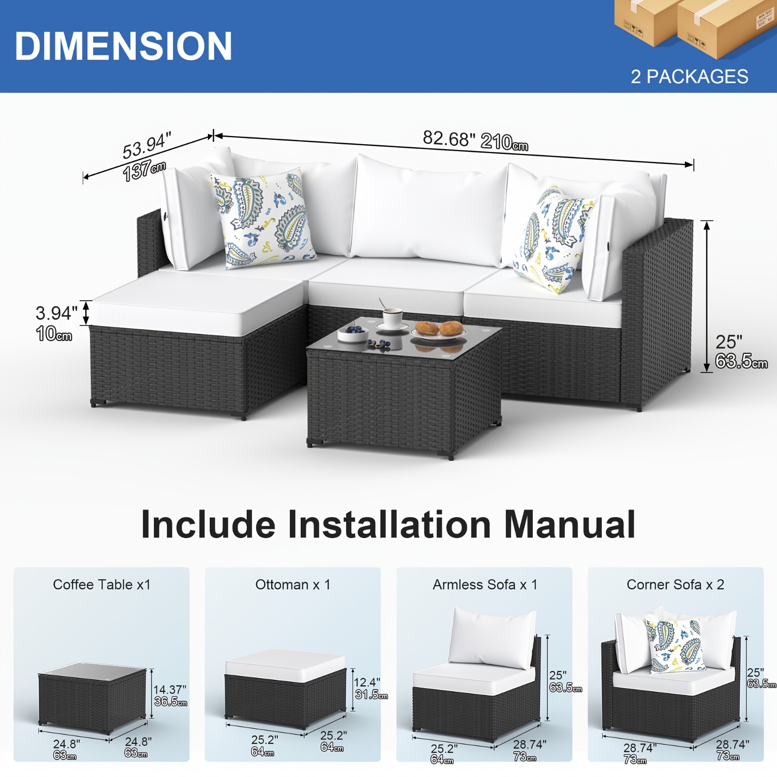 5 Pieces Patio Furniture Sets All Weather Outdoor Sectional Patio Sofa
