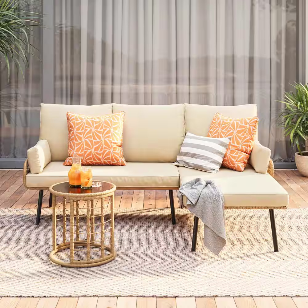L-Shaped Outdoor Patio Furniture Set, Wicker Conversation Sofa with Cushion and