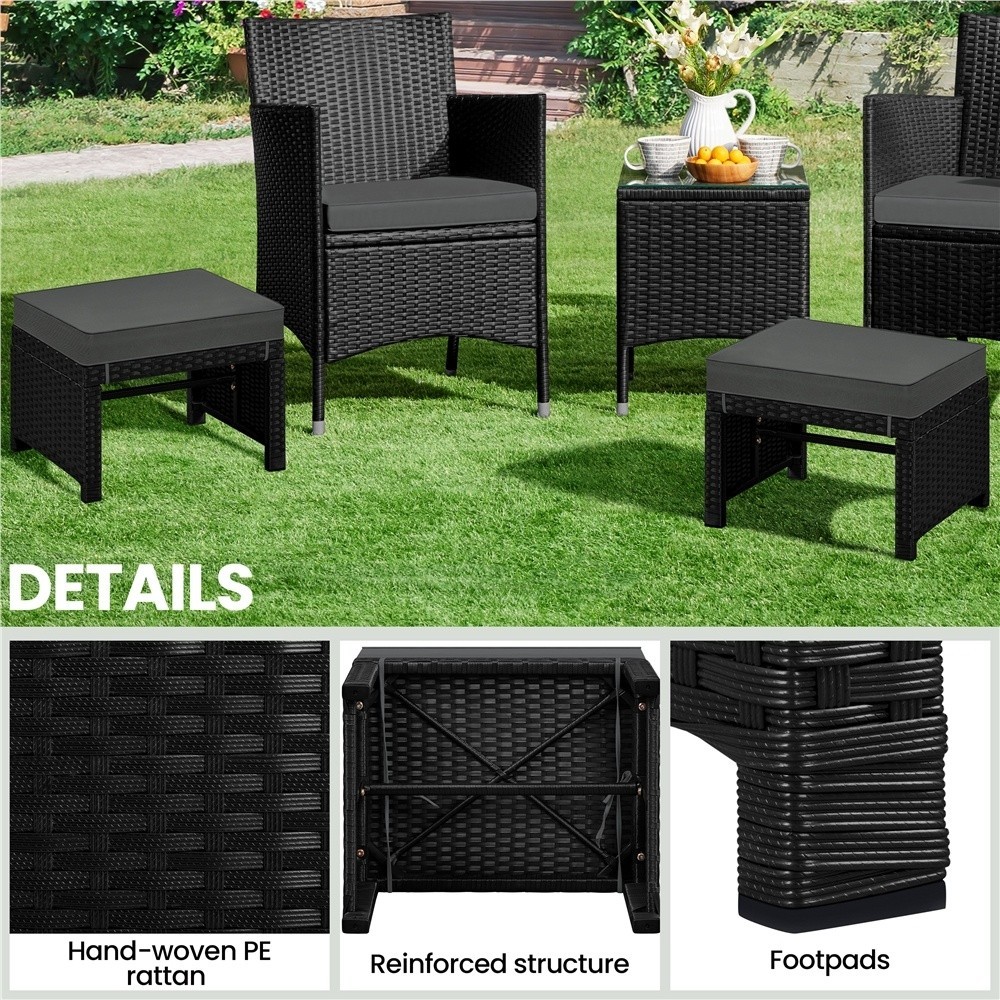 2 Pieces Outdoor Wicker Ottomans with Removable Cushions, Black/Gray