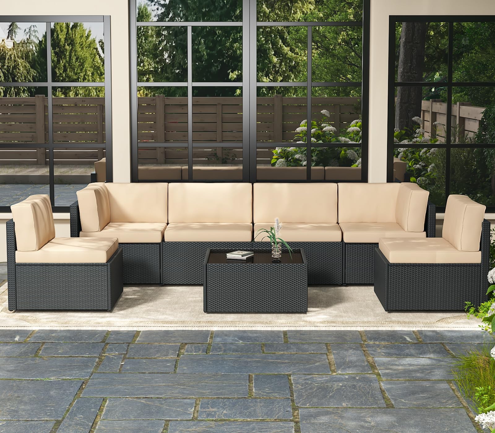7 Piece Outdoor Furniture Set Patio Sectional Conversation Set with Coffee Table