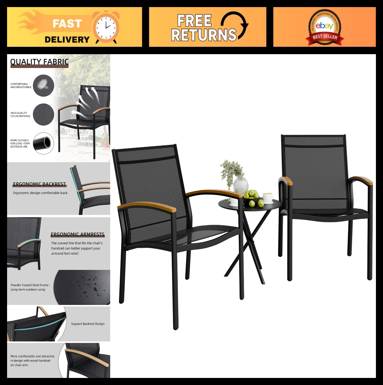 3-Piece Outdoor Bistro Set, Textilene Fabric Chairs & Table for Patio, Garden, B