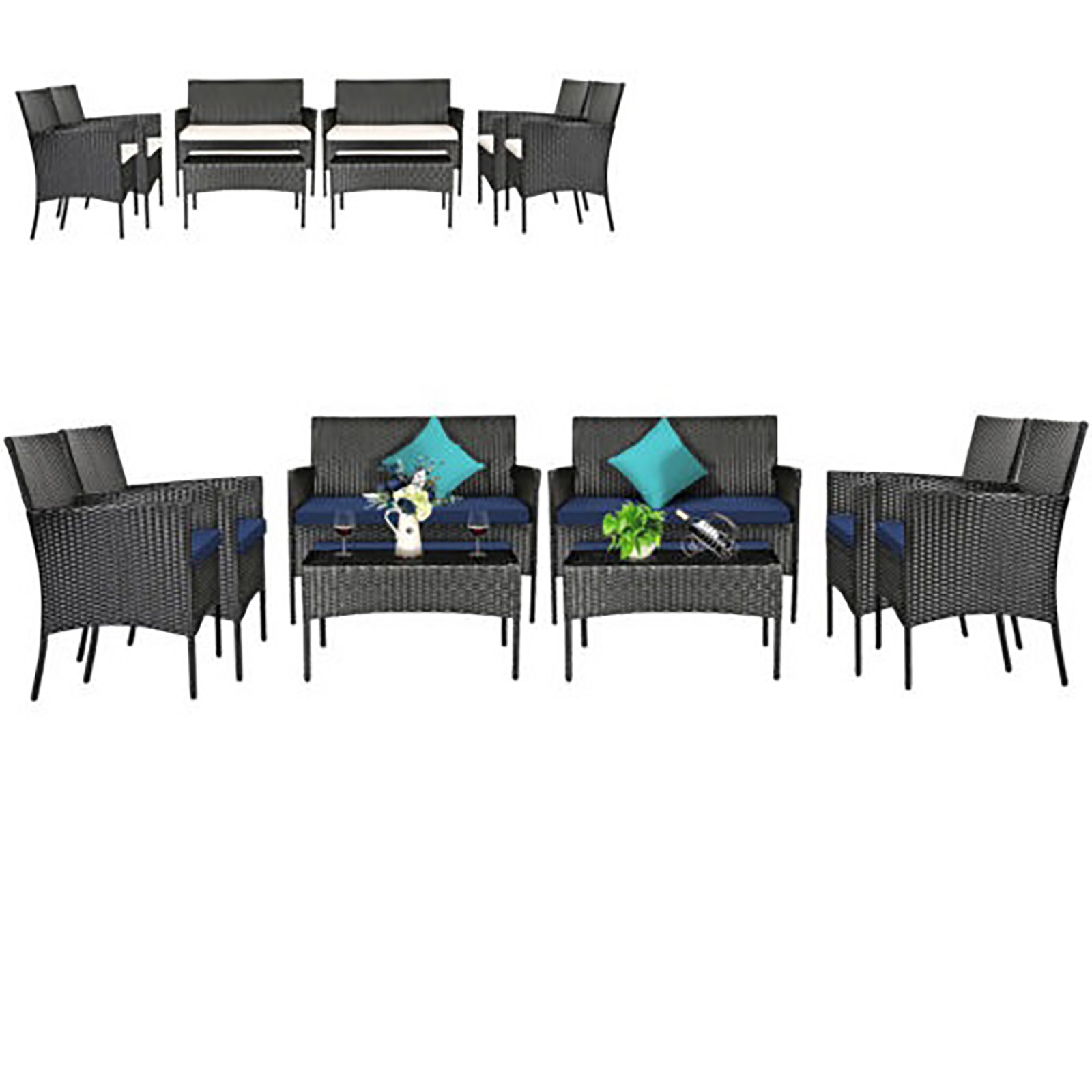 8PCS Furniture Set Patio Rattan Conversation Set w/Navy & Off White Cushion