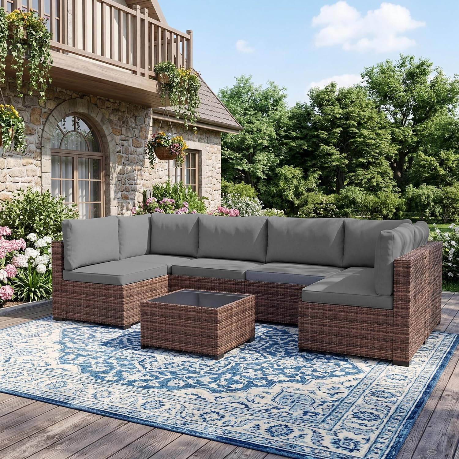 Patio Furniture Set with Rain Cover,7 Pieces Outdoor Wicker Rattan Patio Furnitu