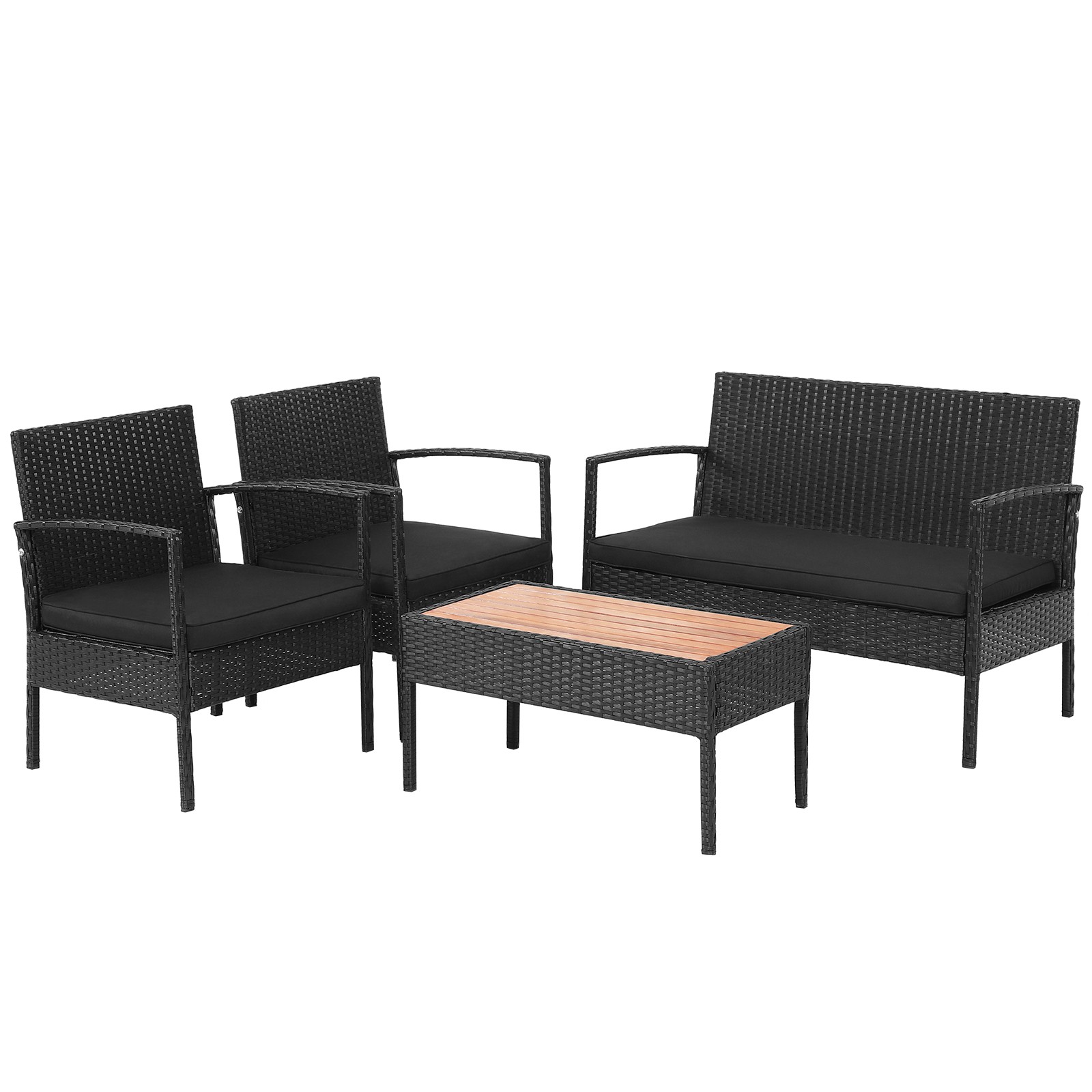 Patiojoy Outdoor 4PCS Rattan Furniture Set Cushioned Chair Wooden Tabletop Black