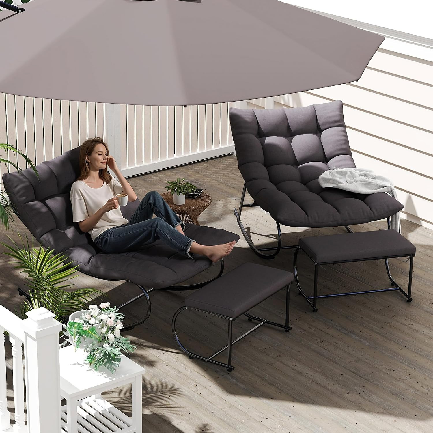 Upholstered Outdoor Rocking Chairs, Modern Patio Rocking Chair Set of 2 with Foo
