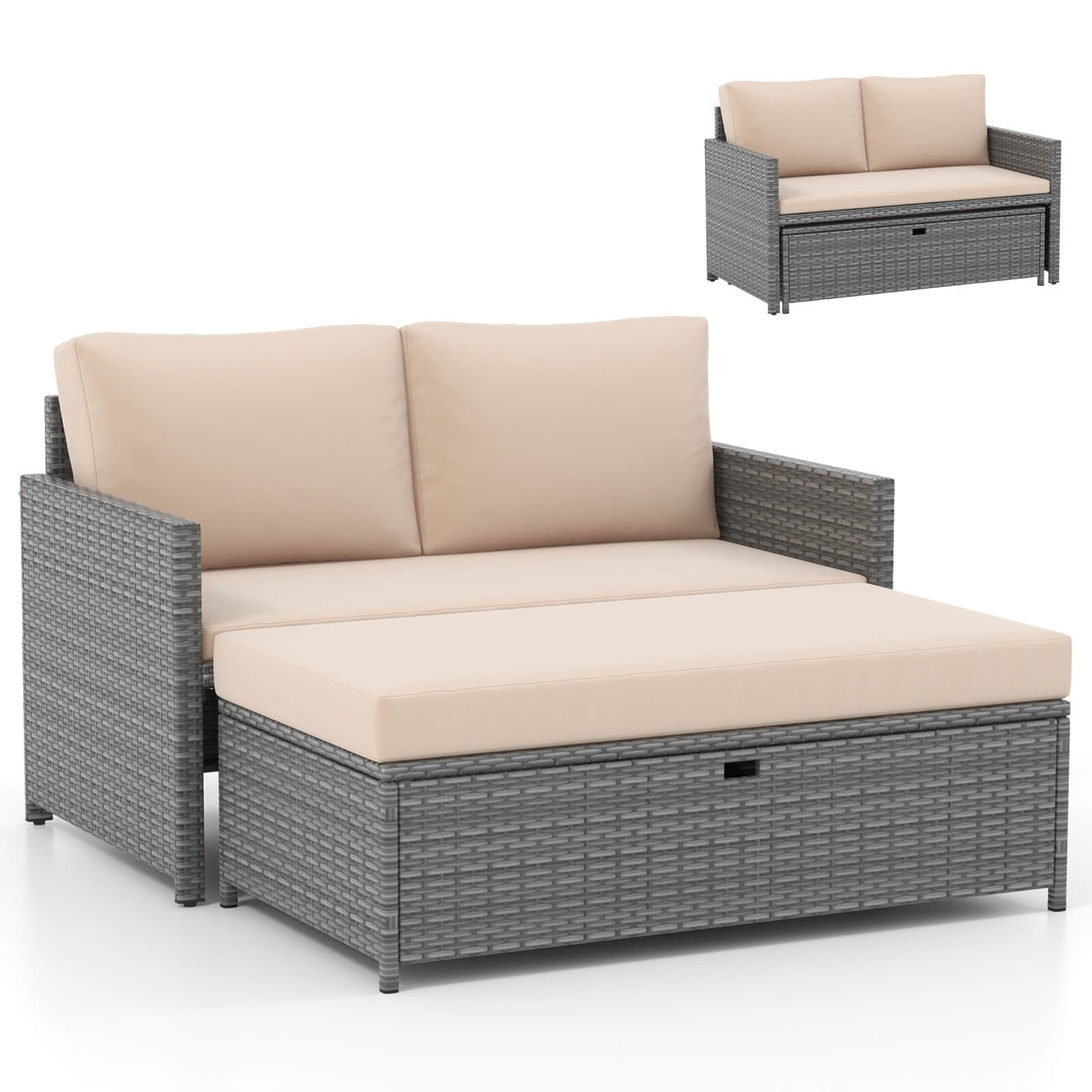 2 PCS Patio Loveseat w/ 31 Gal Multifunctional Storage Ottoman and Soft Cushions