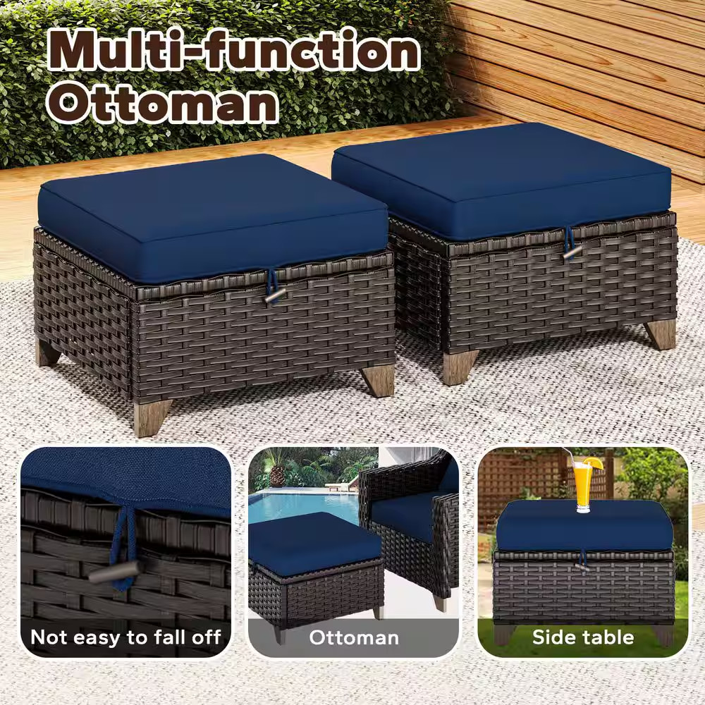 Wicker Outdoor Patio Ottoman with Deep Blue Cushions (Set of 2)