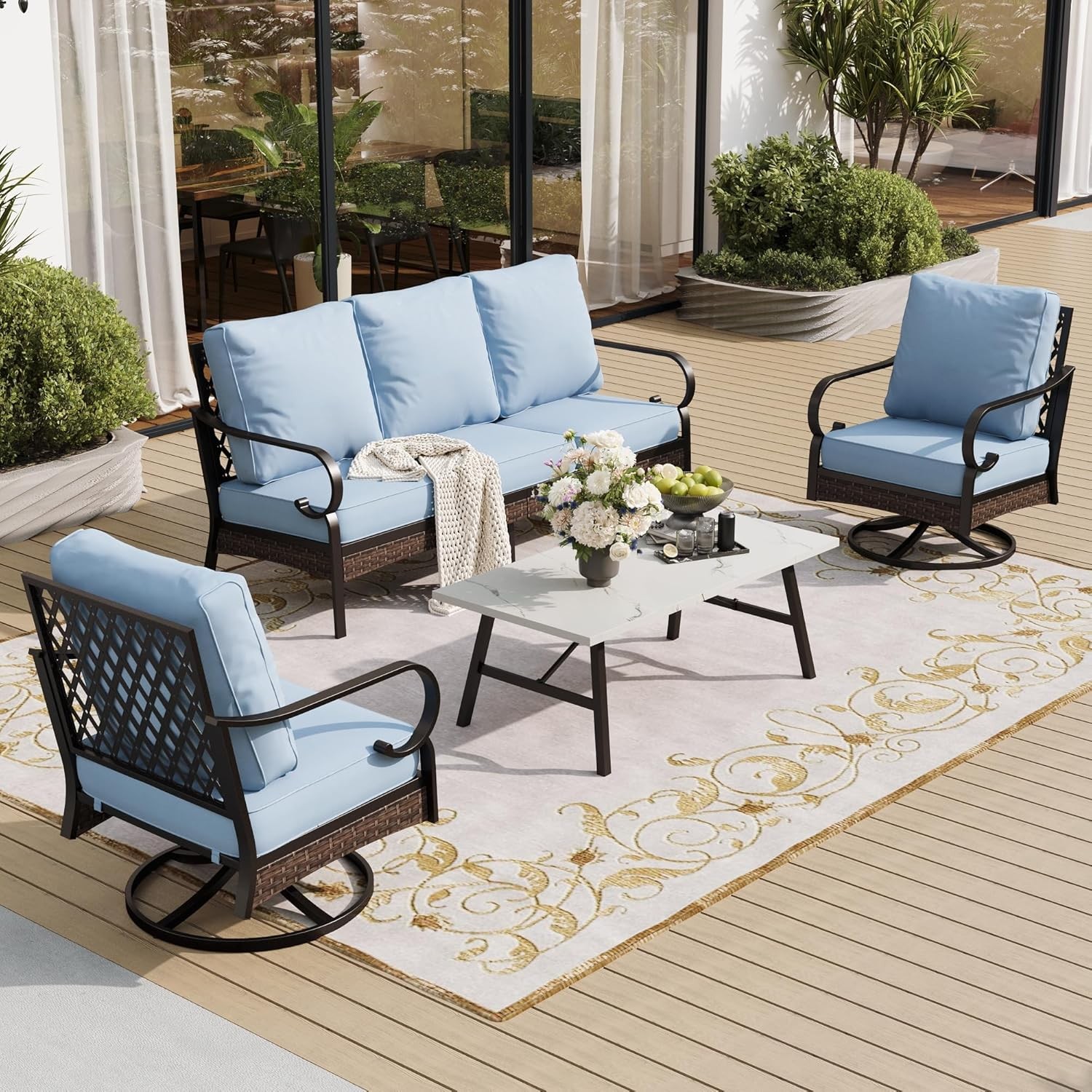 4 PCS Metal Outdoor Patio Furniture Set, Patio Conversation Sets 1 3-Seater Sofa