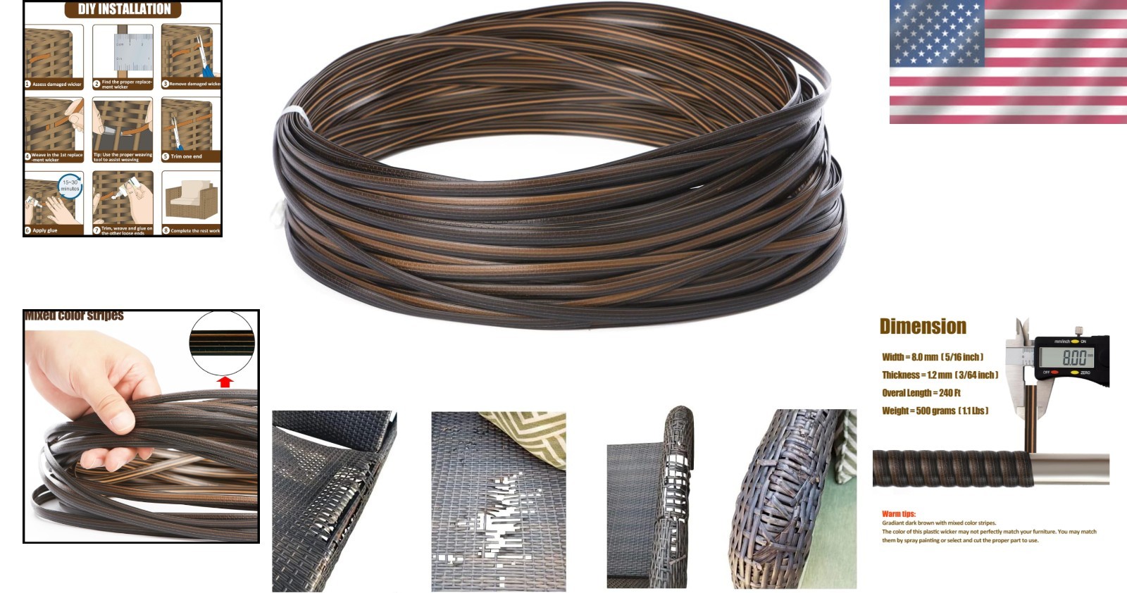 Synthetic Polyethylene Wicker Repair Kit – 240 Ft Gradient Dark Brown Stripes