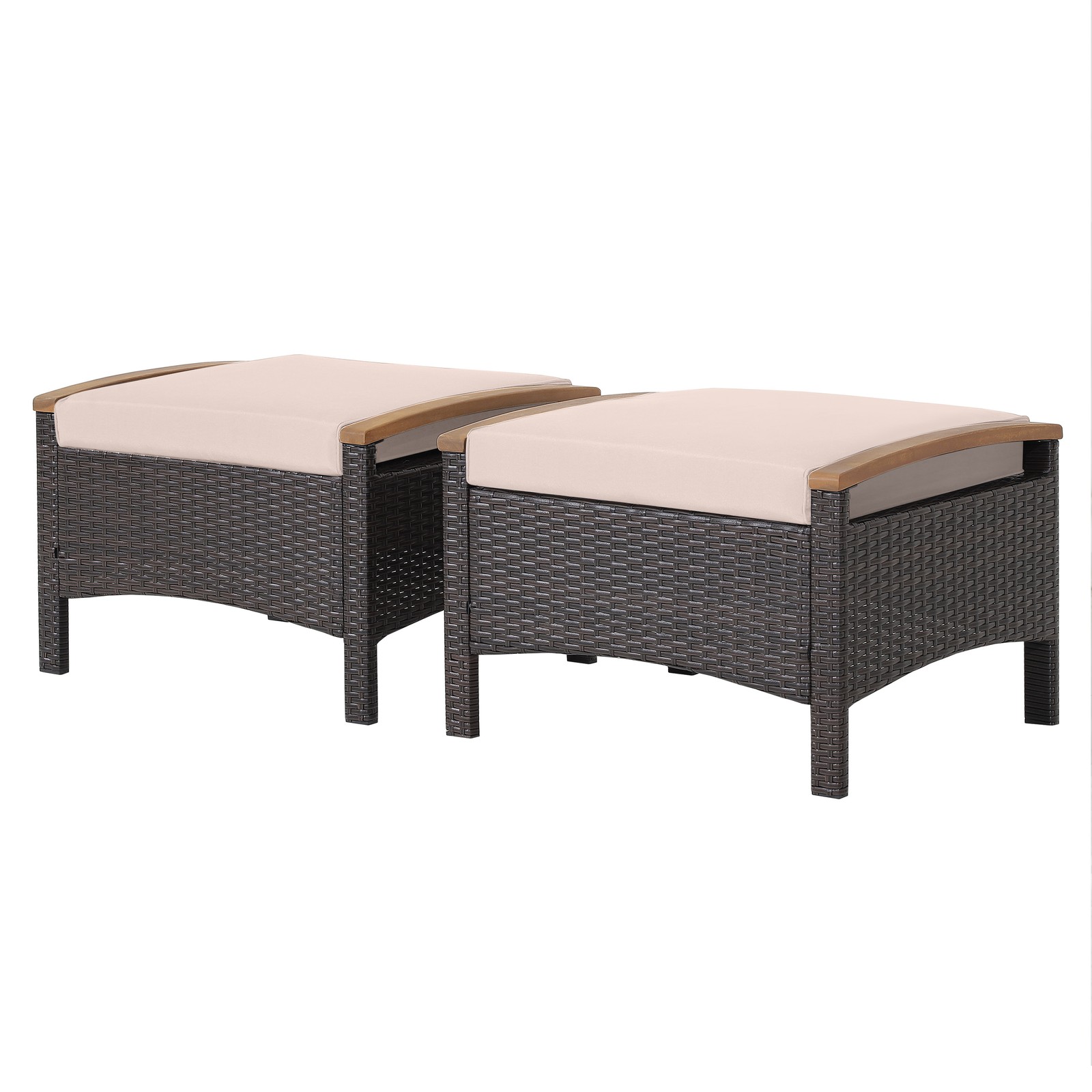 Patiojoy Set of 2 Patio Rattan Ottoman Footrest Cushions Wooden Handle Beige