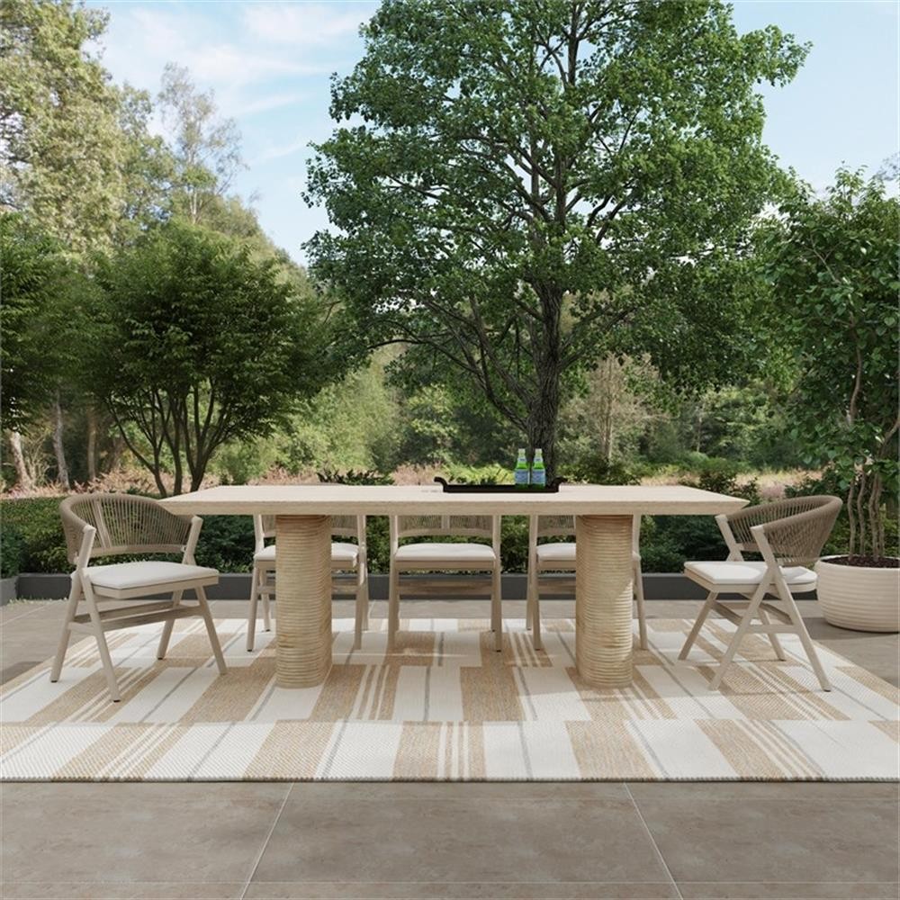Pemberly Row 87″ Travertine Beige Stripped Stone Outdoor Dining Table