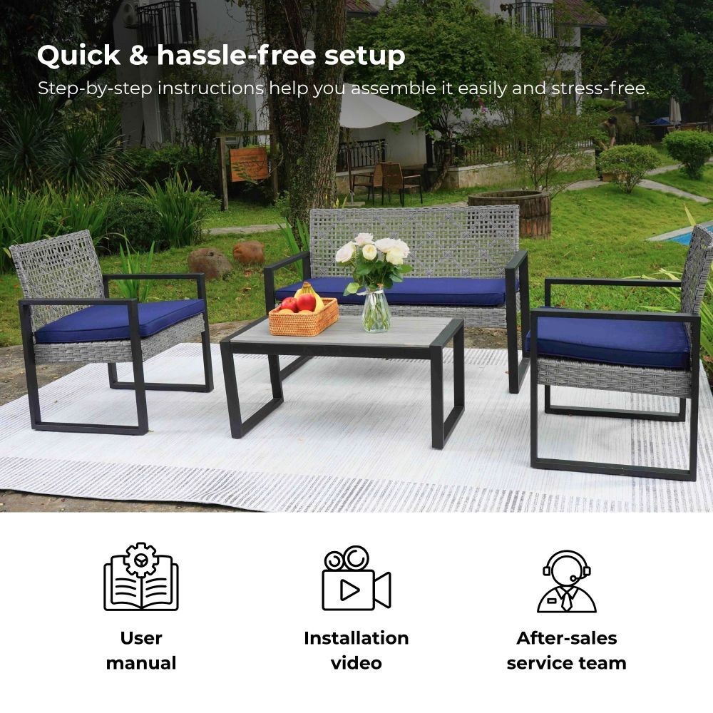 4-Piece Patio Furniture Set Outdoor Balcony Furniture Gray Acacia Wood Table Top