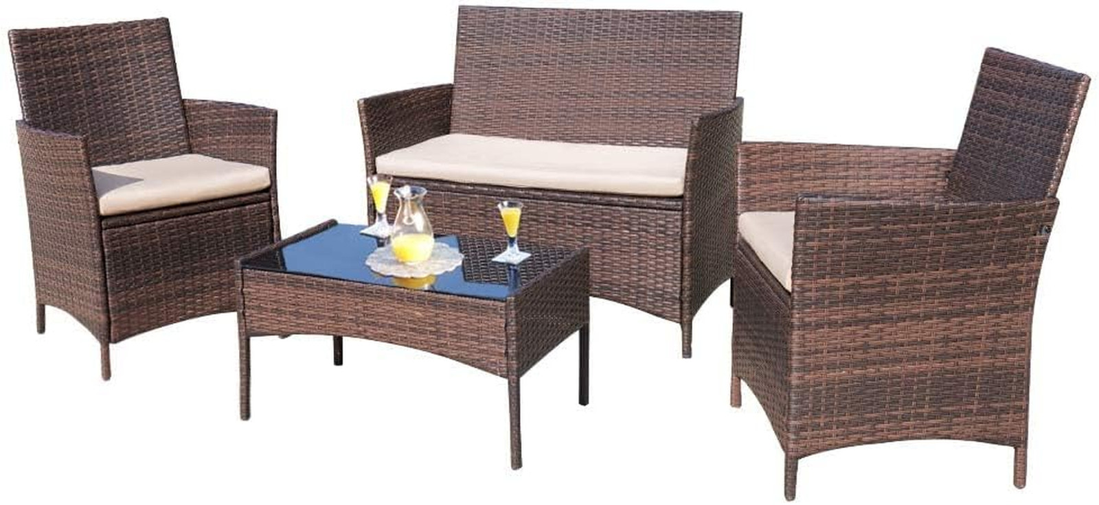 4PC Outdoor Wicker Patio Furniture Sets W/Cushions Chairs Bench Table Porch Set