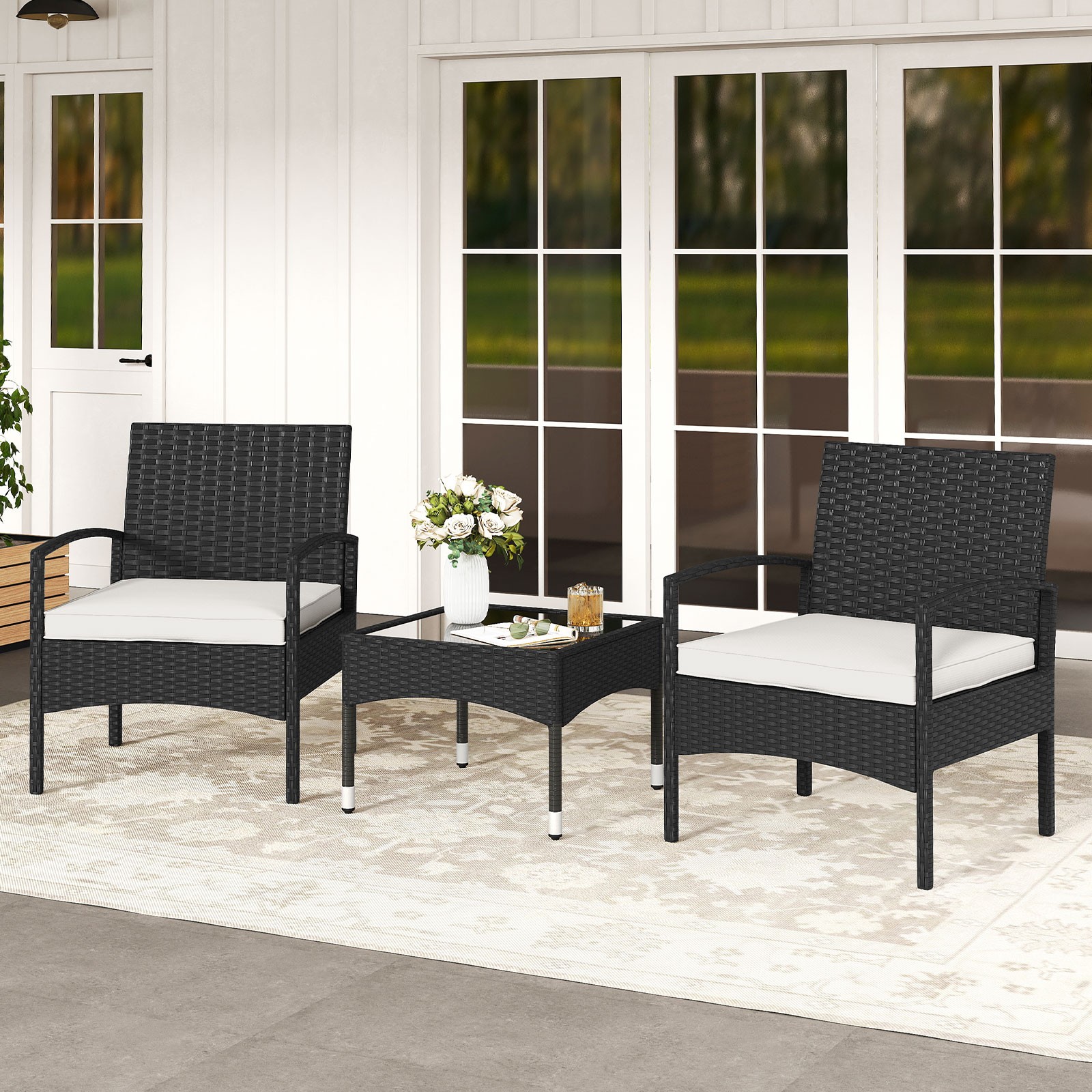 3PCS Patio Furniture Set with Soft Cushions Tempered Glass Top Coffee Table