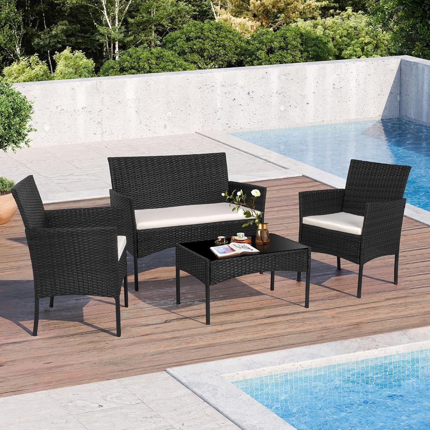 4 Piece Black Outdoor Patio Furniture Set Outdoor Porch With Cushions Clearance