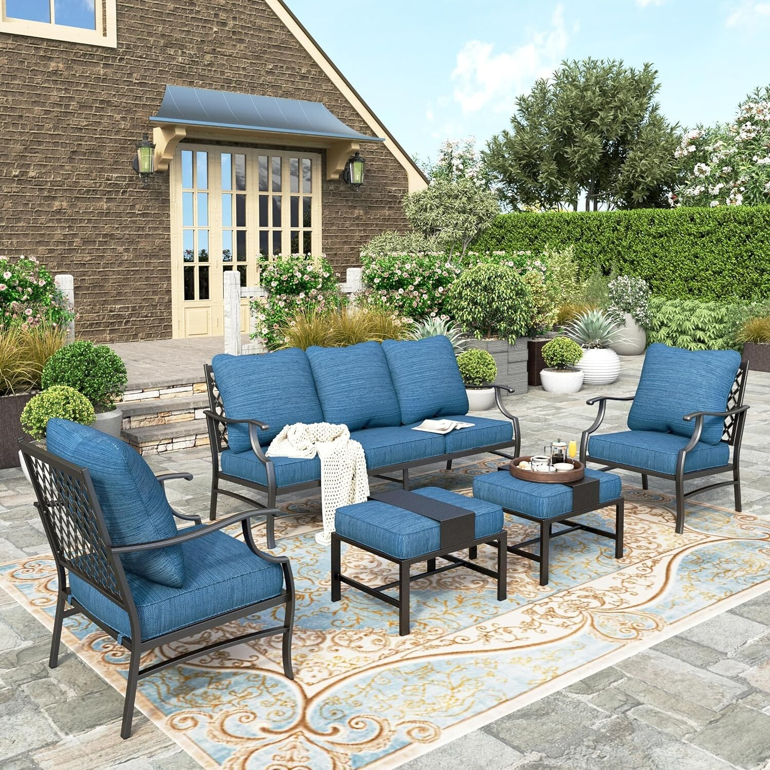 5 Piece Patio Furniture Set 7 Seats Outdoor Conversation Set for Lawn Garden