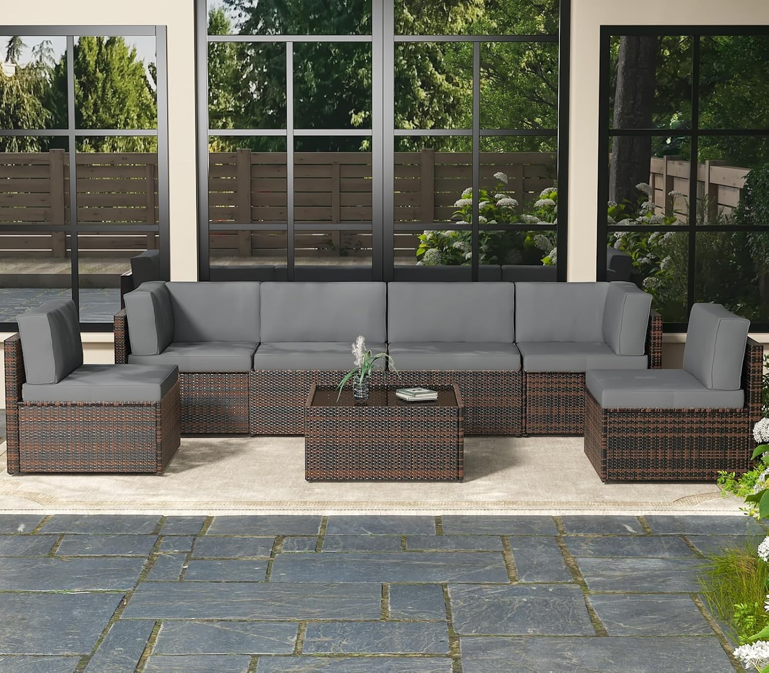 7 Piece Outdoor Furniture Set Patio Sectional Conversation Set with Coffee Table